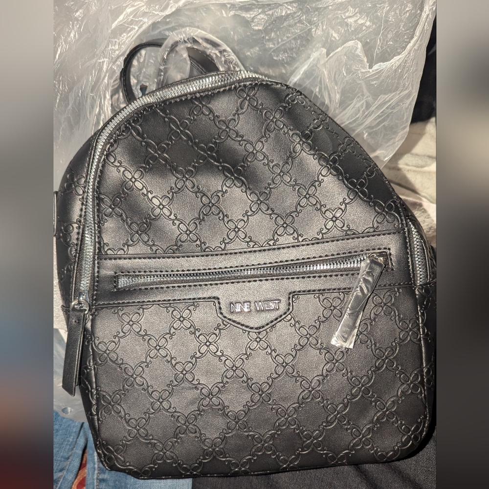 Nine West Black Quilted Logo Mini Backpack with Front Zip